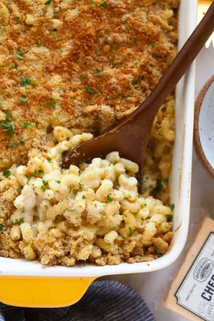 baked mac and cheese in a casserole dish