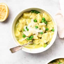 ricotta gnocchi with sweet pea butter sauce.
