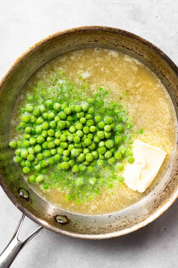 sweet pea butter sauce in a skillet, ready to be sauteed to perfection