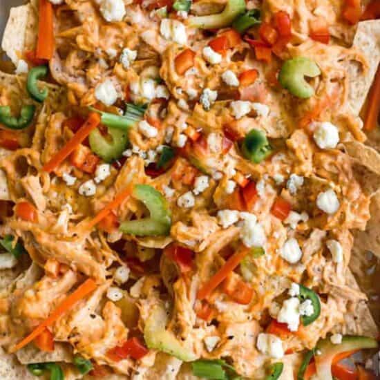 Buffalo chicken nachos baked.