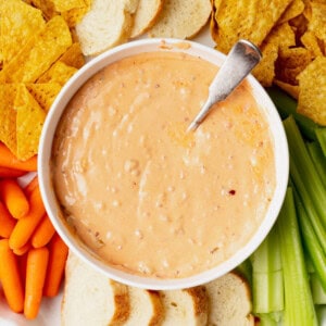 slow cooker queso dip in a bowl.