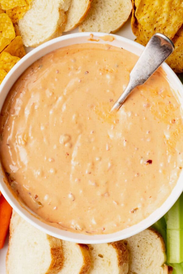 slow cooker queso dip in a bowl.