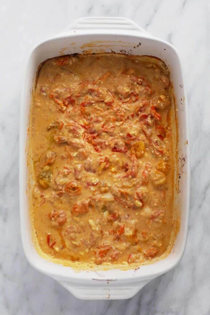 feta pasta sauce in casserole dish