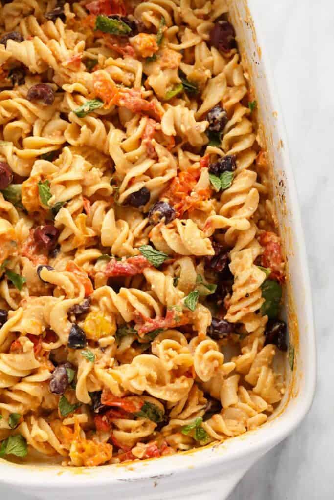 Baked feta pasta in a casserole dish. 