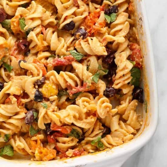 baked feta pasta in casserole dish