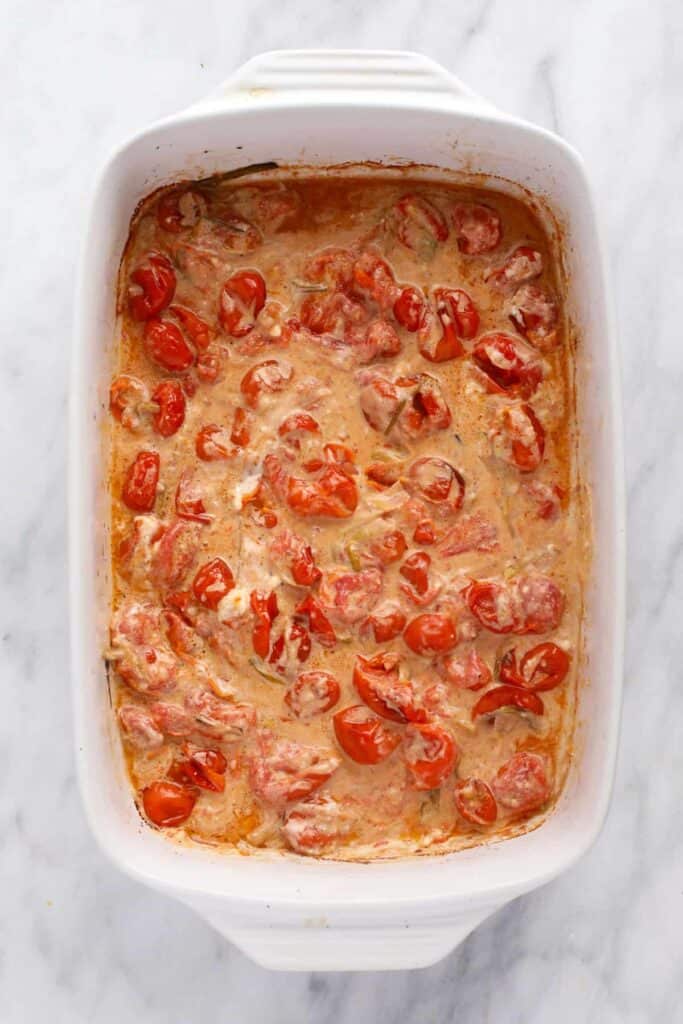 Goat cheese pasta sauce in a casserole dish. 