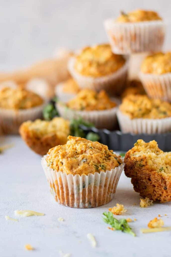 Savory cheese muffins in muffin liners, ready to eat.