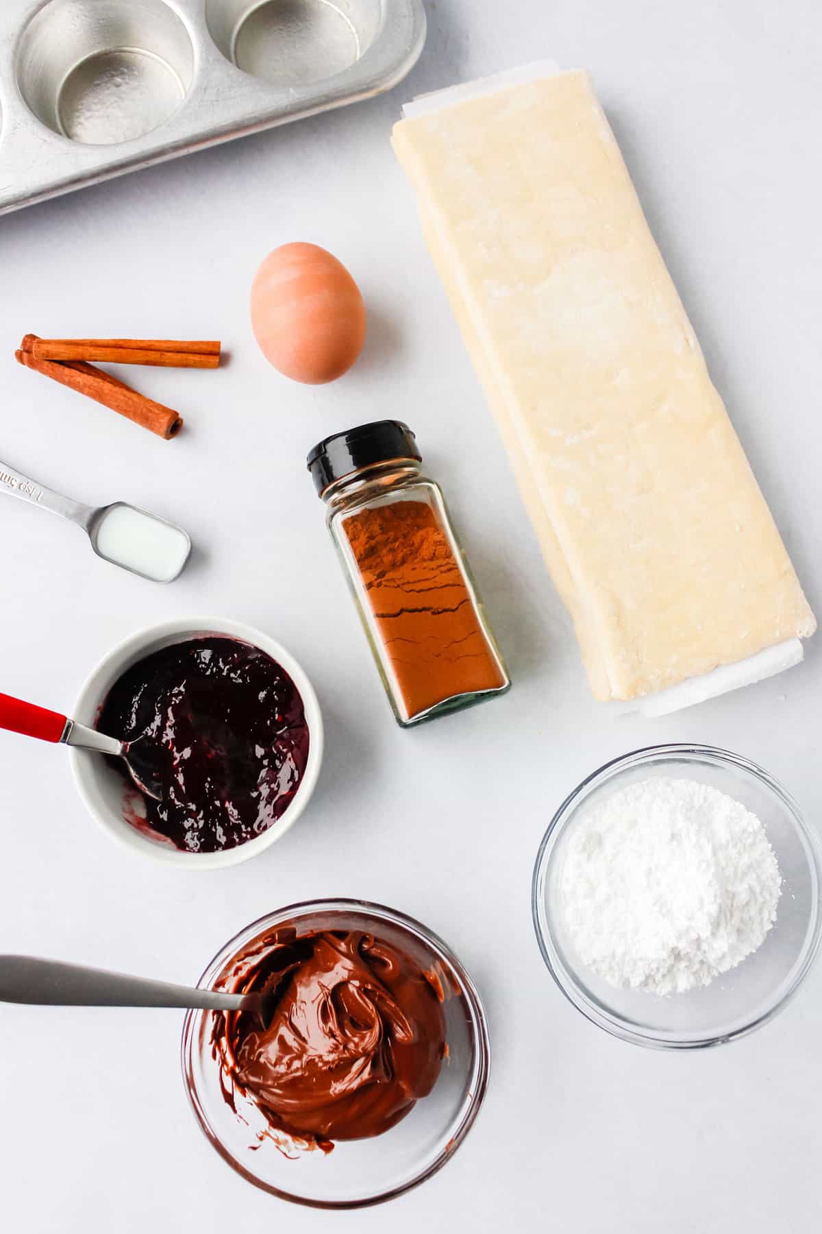 ingredients for chocolate raspberry cinnamon rolls, ready to make into cinnamon rolls