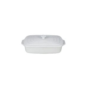 a white rectangular baking dish on a white background.