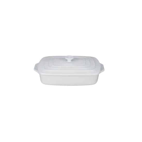 a white rectangular baking dish on a white background.