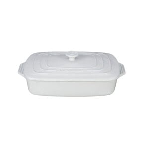 a white rectangular baking dish on a white background.