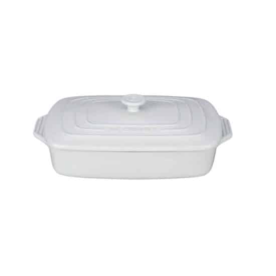 a white rectangular baking dish on a white background.