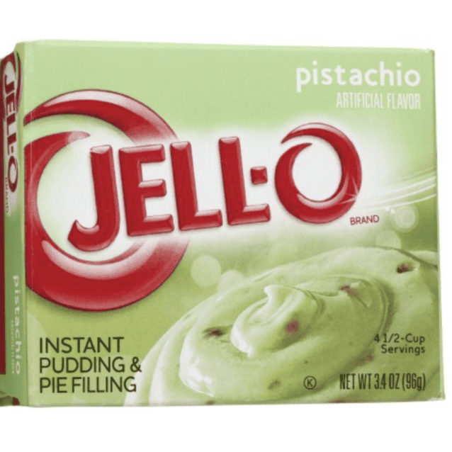 A box of pistachio jello cups on a white background.