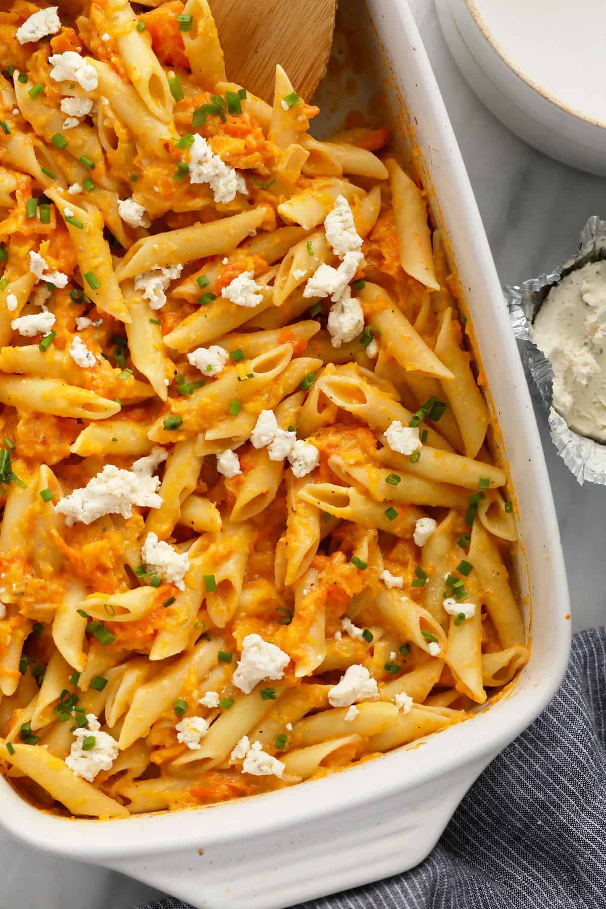 butternut squash pasta in casserole dish