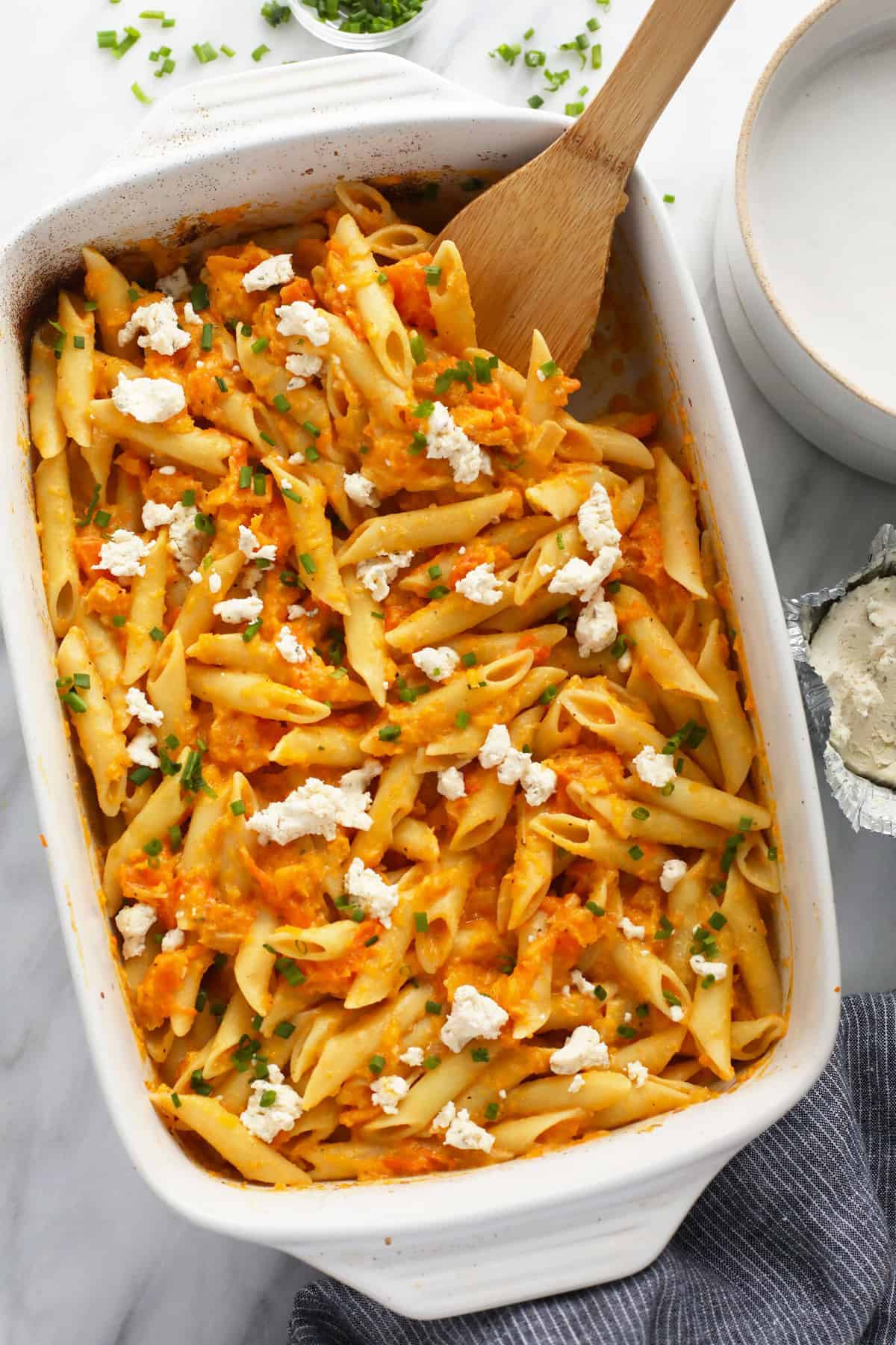 Baked boursin cheese pasta in a casserole dish. 