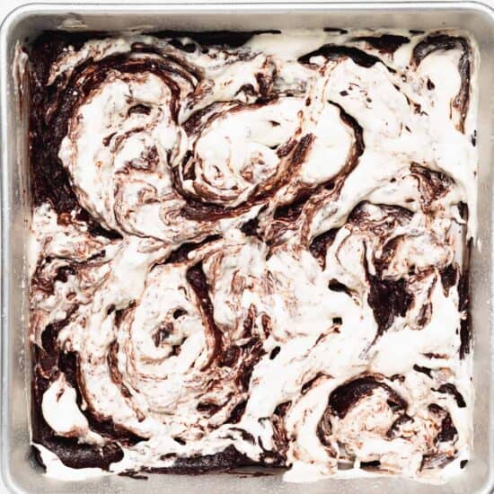 chocolate swirl ice cream in a baking pan.