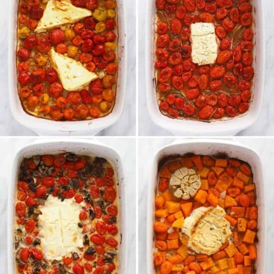 four photos showing how to make roasted tomatoes in a casserole dish.