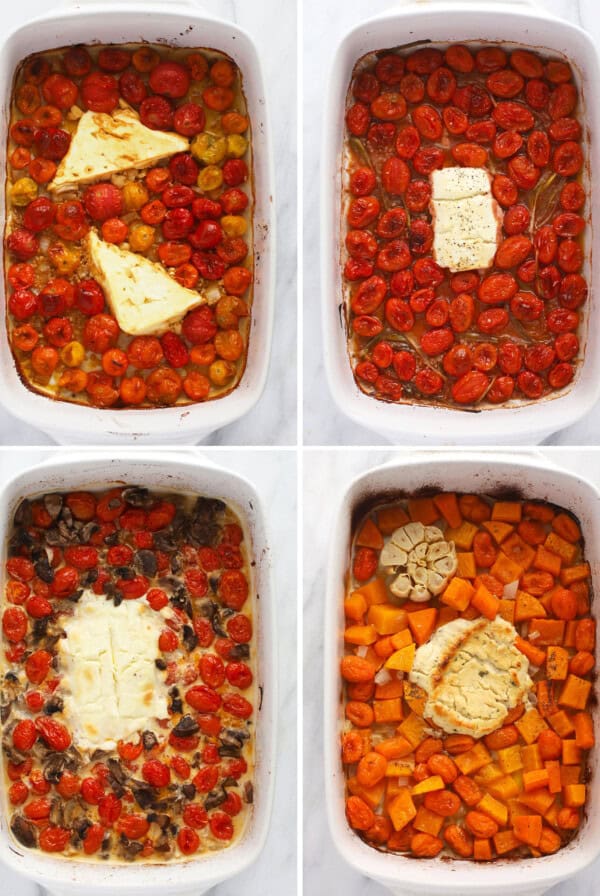 four photos showing how to make roasted tomatoes in a casserole dish.