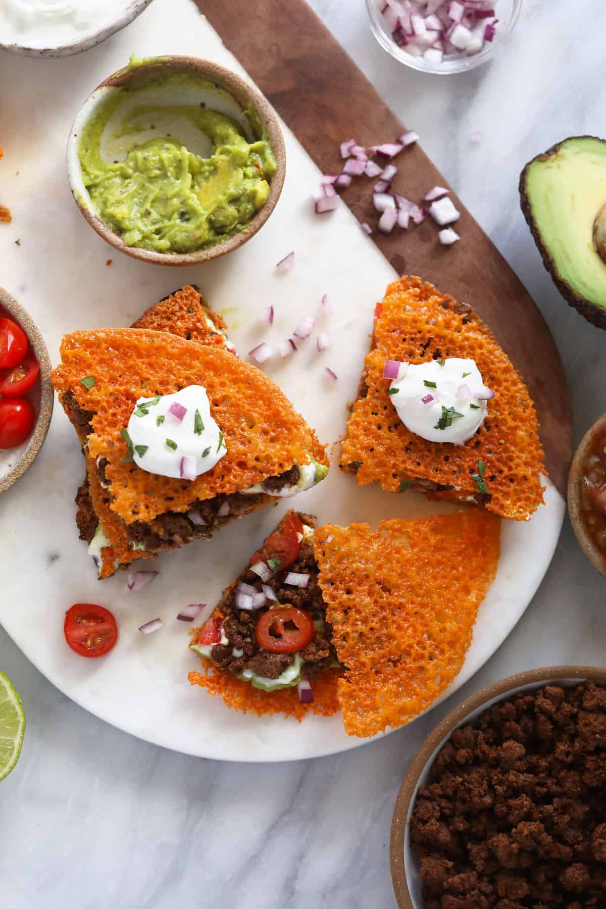 Keto quesadilla on a cutting board. 