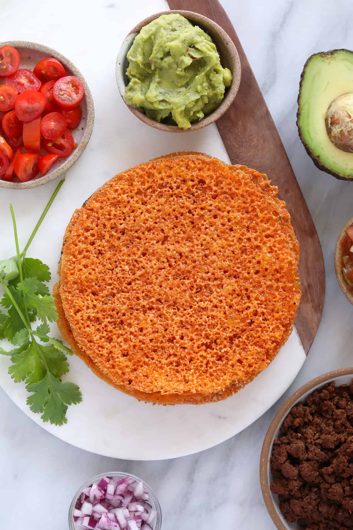 Low carb cheese tortillas on a plate. 