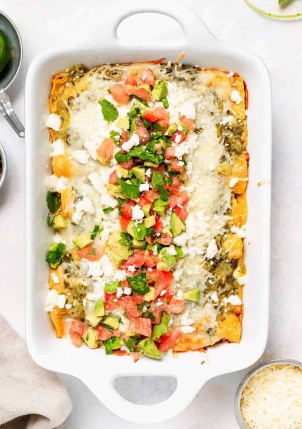 an overhead shot of chicken enchiladas