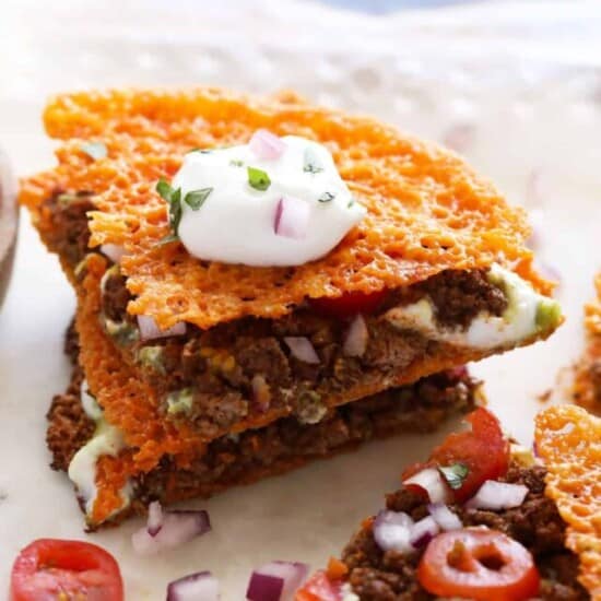 closeup image of keto quesadilla topped with greek yogurt