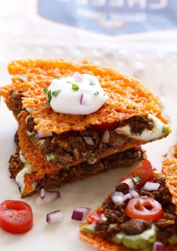 closeup image of keto quesadilla topped with greek yogurt