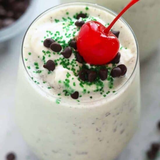 Shamrock shake in a glass.