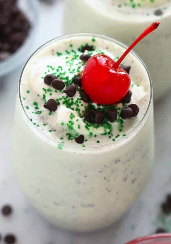 Shamrock shake in a glass.