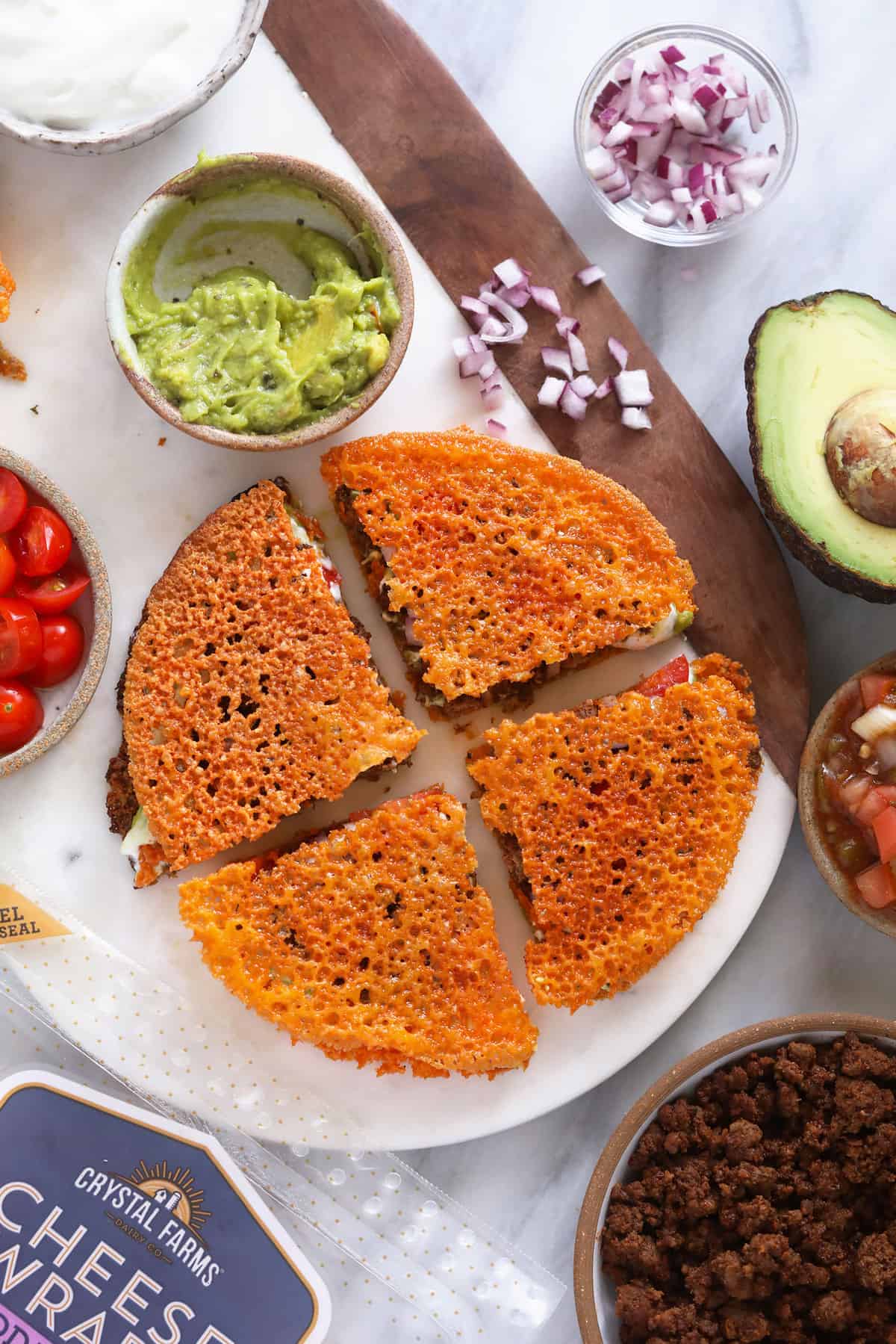 Keto quesadilla on a cutting board. 