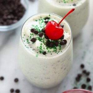 Shamrock shake in a glass.