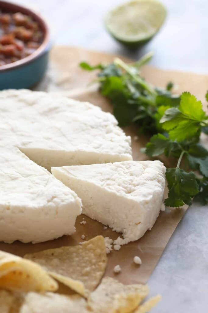 Queso fresco, chips, and salsa. 