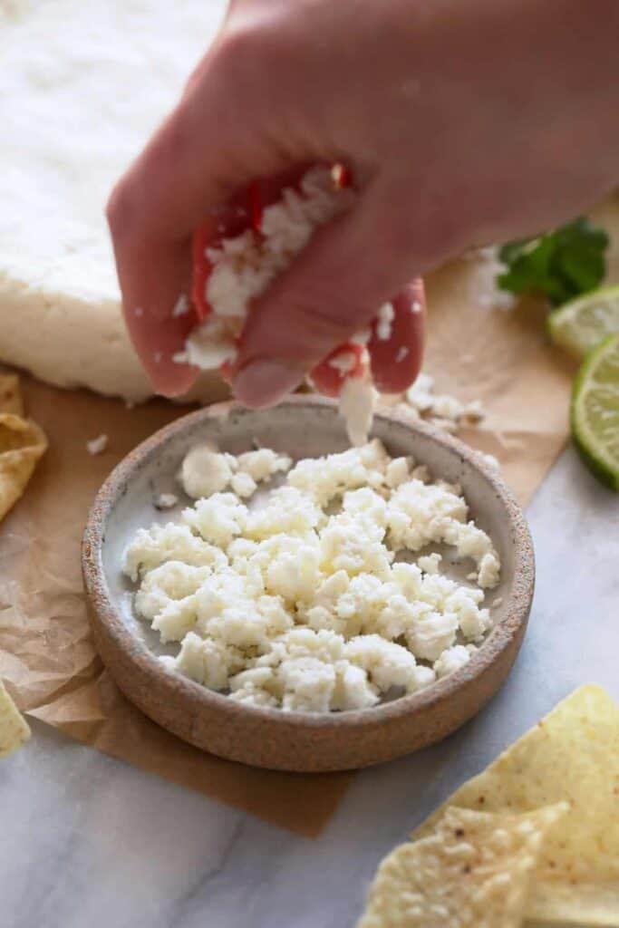 Homemade queso fresco crumbles. 