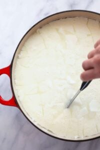 curd in pot with knife.