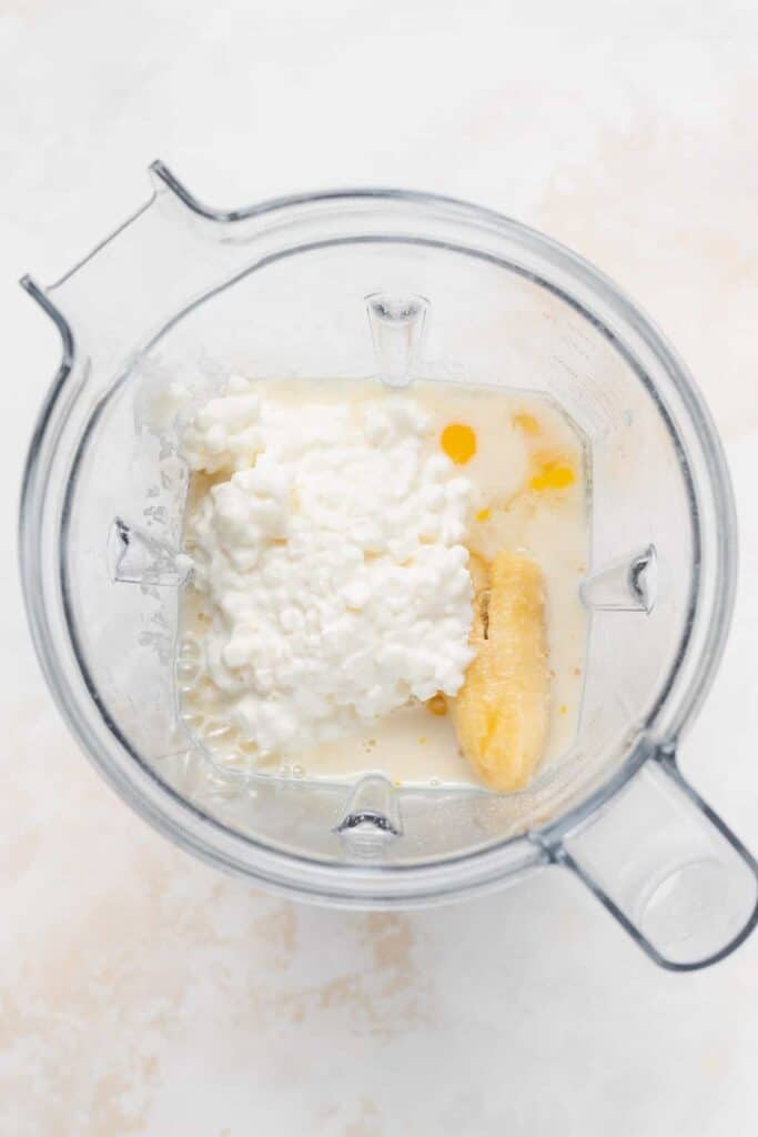A blender of ingredients for the cottage cheese pancakes. 