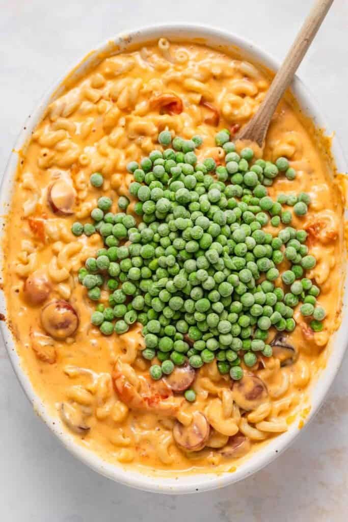 Baked velveeta mac and cheese with peas on top. 