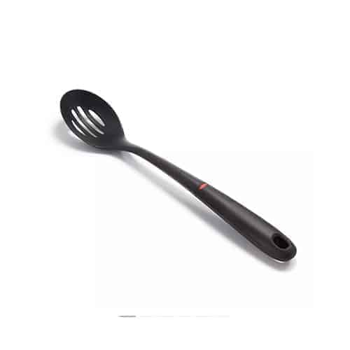 a black plastic spoon on a white background.