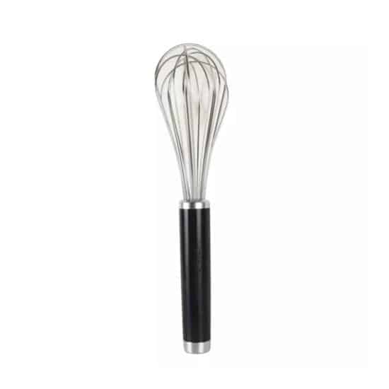 a whisk with a black handle on a white background.