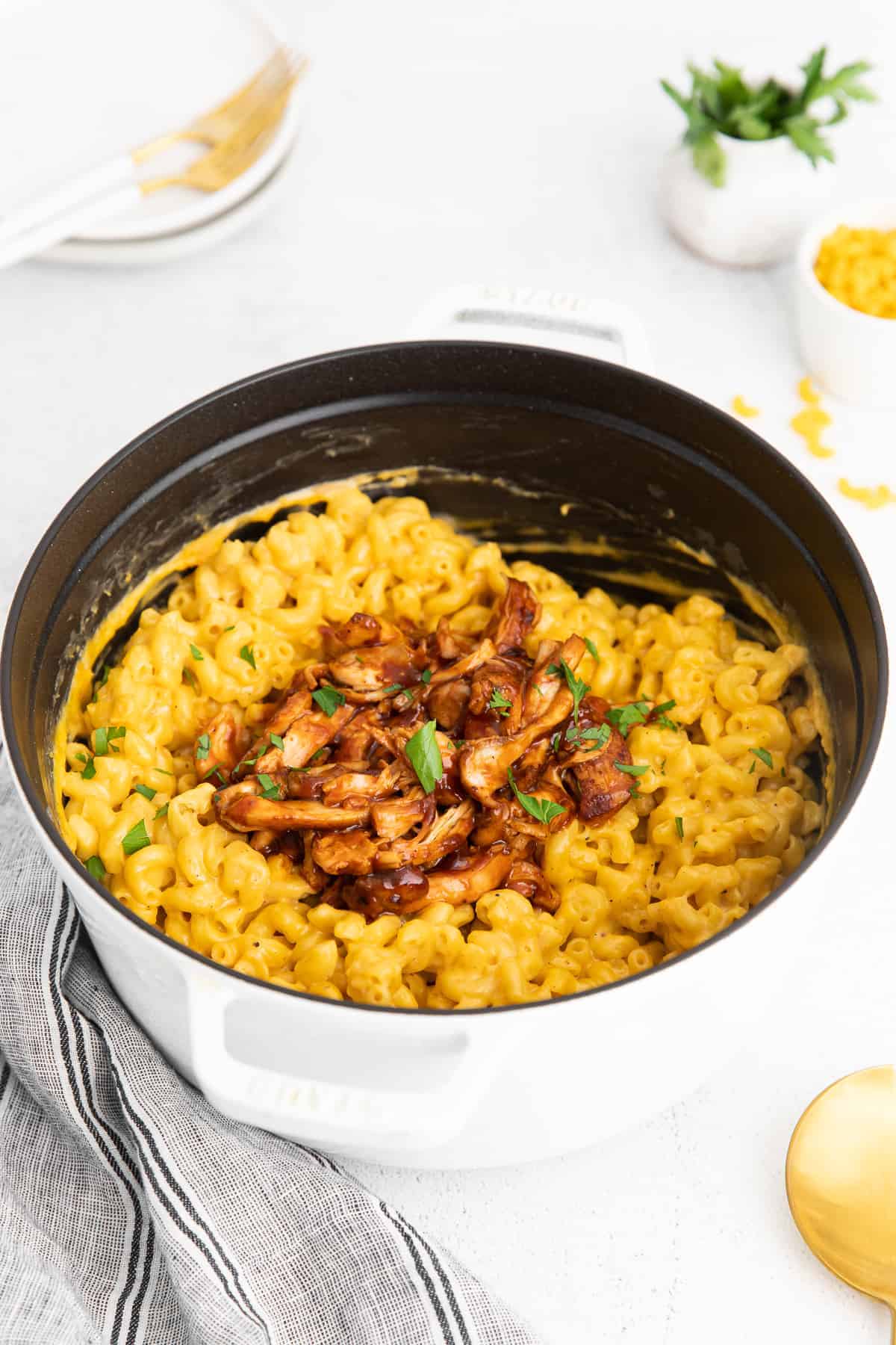 BBQ chicken mac and cheese in a pot. 