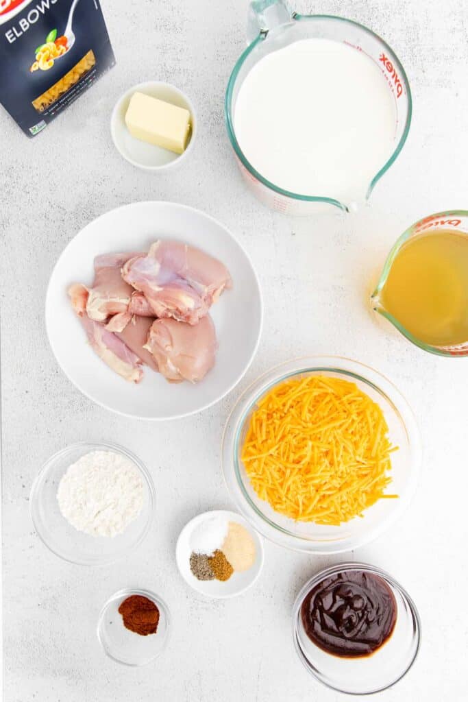 All of the ingredients for BBQ chicken mac and cheese. 