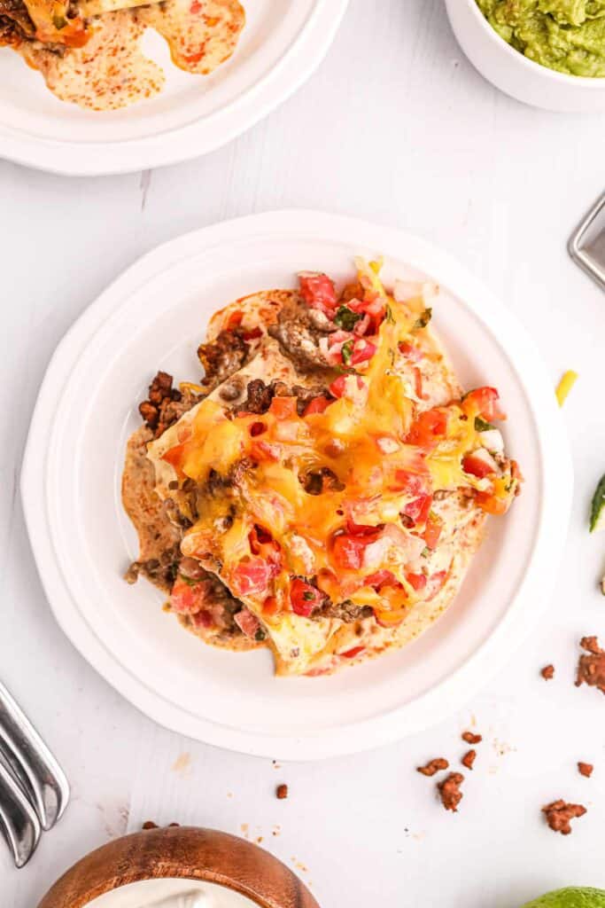 Taco lasagna on a plate. 