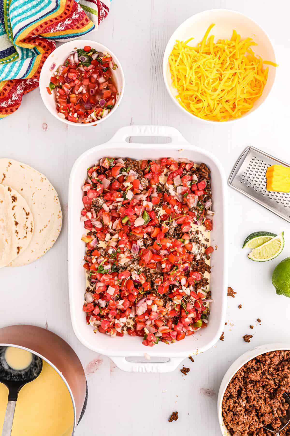 Lasagna taco casserole in a casserole dish. 