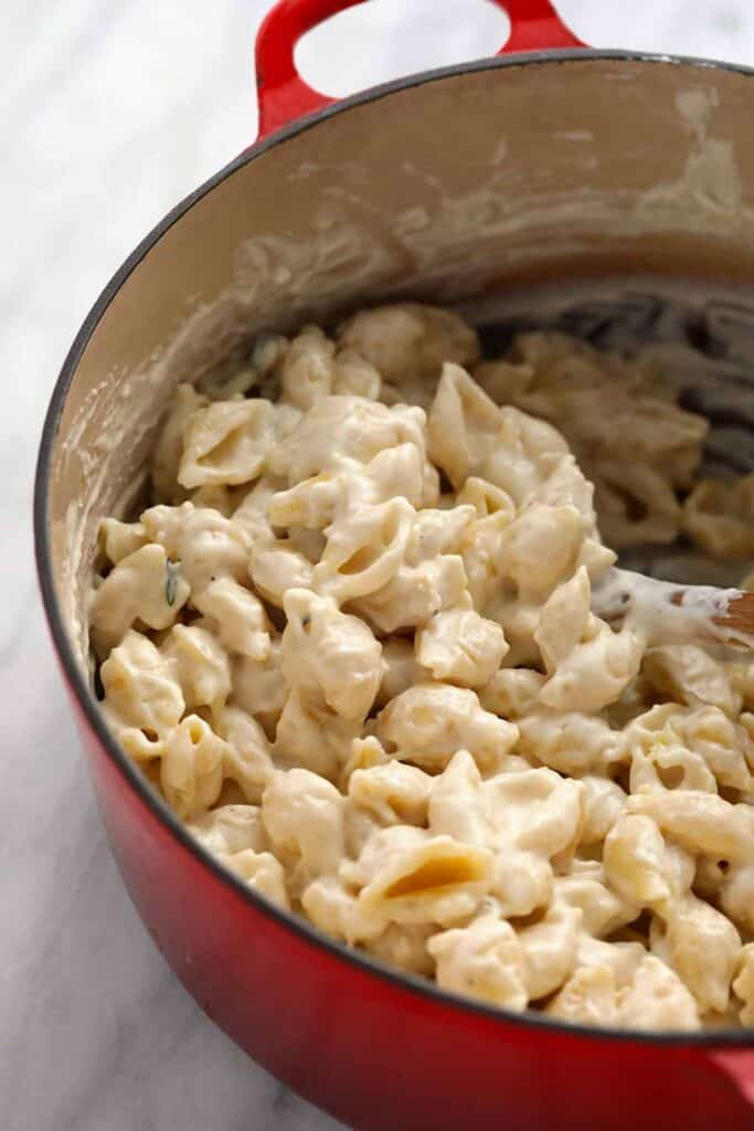 Brie Mac and Cheese in a casserole dish.