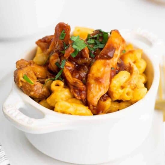 a bowl of bbq chicken mac and cheese