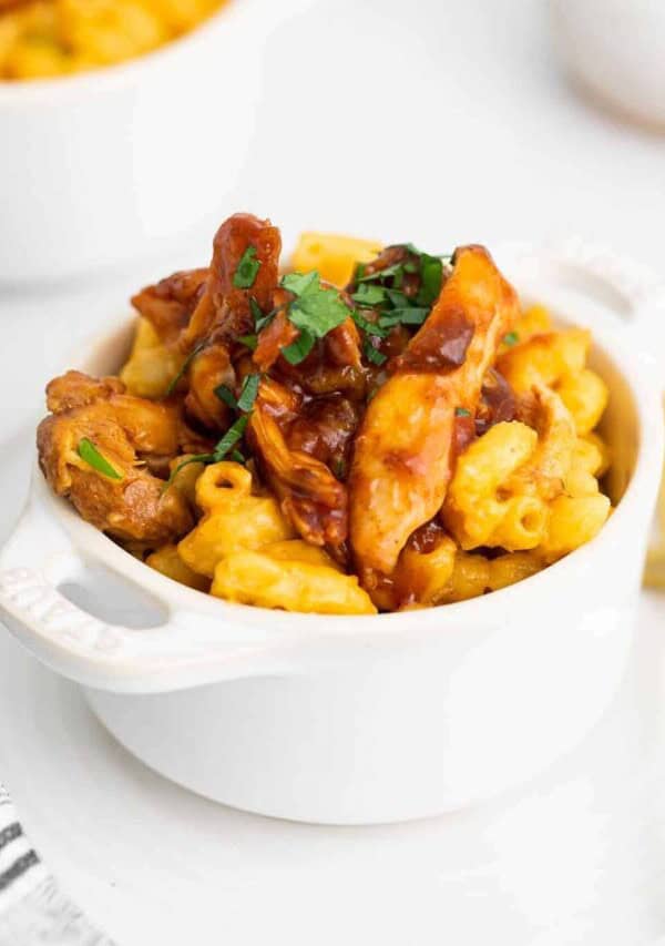 a bowl of bbq chicken mac and cheese