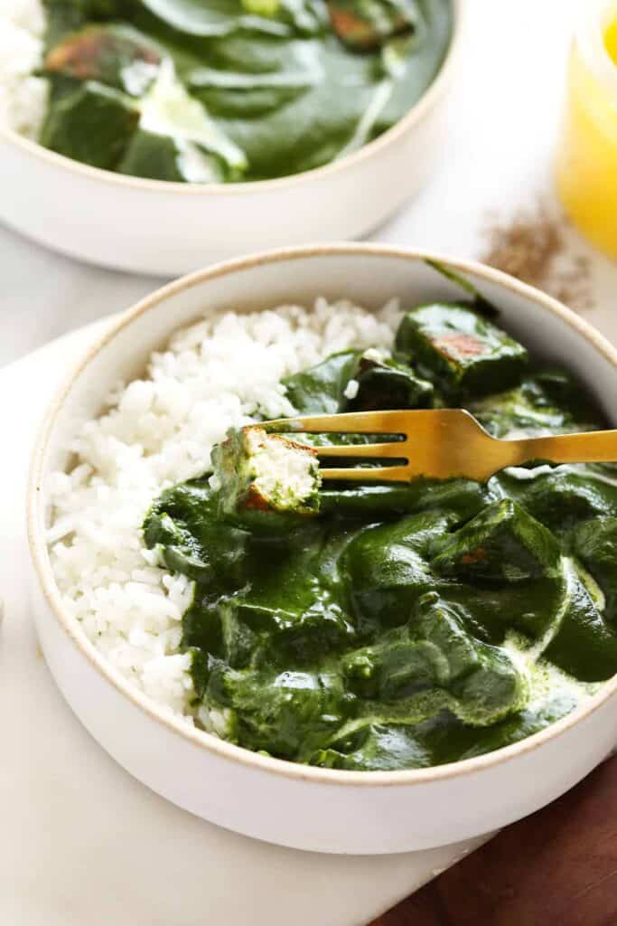 Paneer on a fork. 