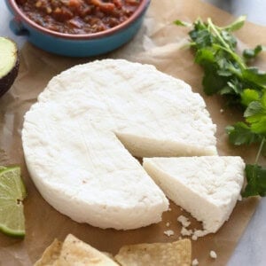 Cotija cheese on parchment paper.