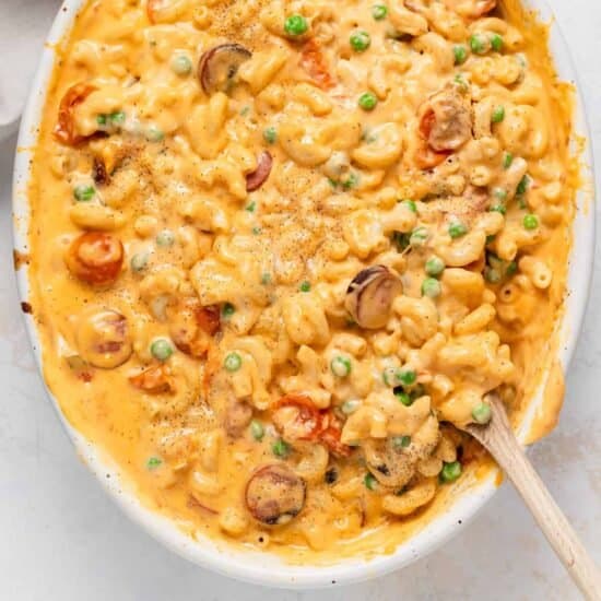 Velveeta mac and cheese in a casserole dish.