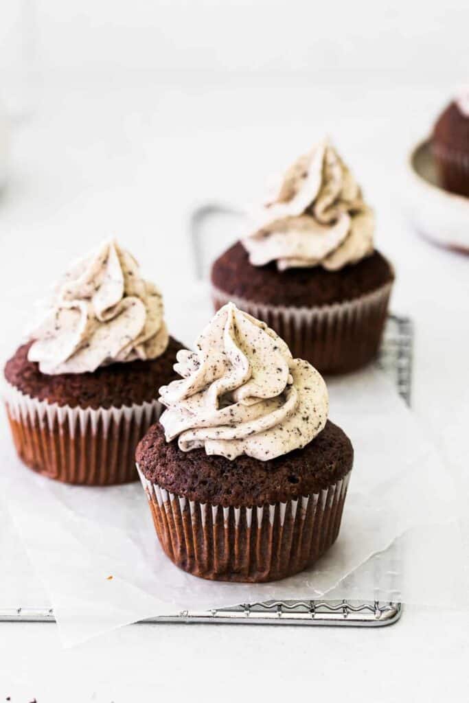 chocolate cupcake topped with cookies and cream frosting