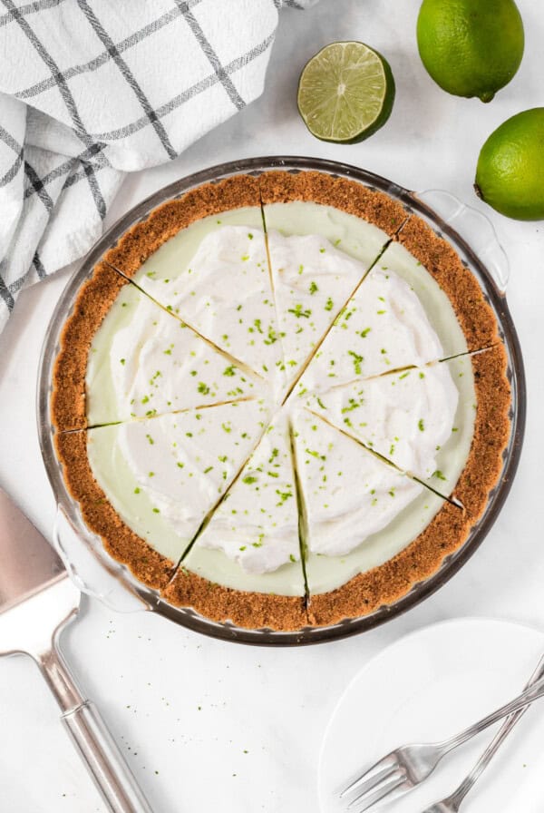 Key lime pie with cream cheese and a whipped cream topping.